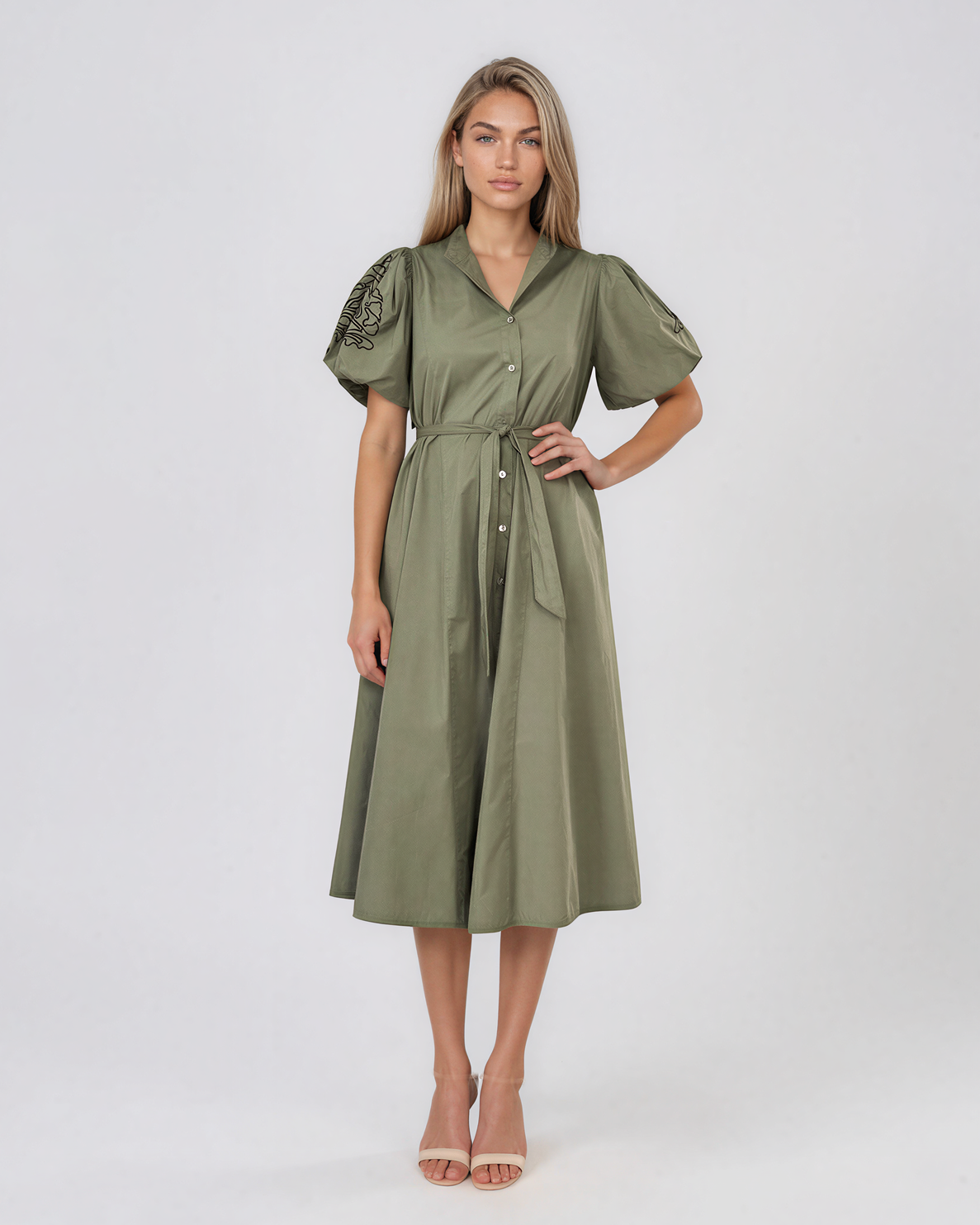 Rochie cloș cu cordon și mâneci bufante kaki HL126