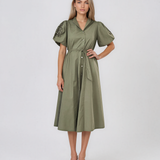 Rochie cloș cu cordon și mâneci bufante kaki HL126
