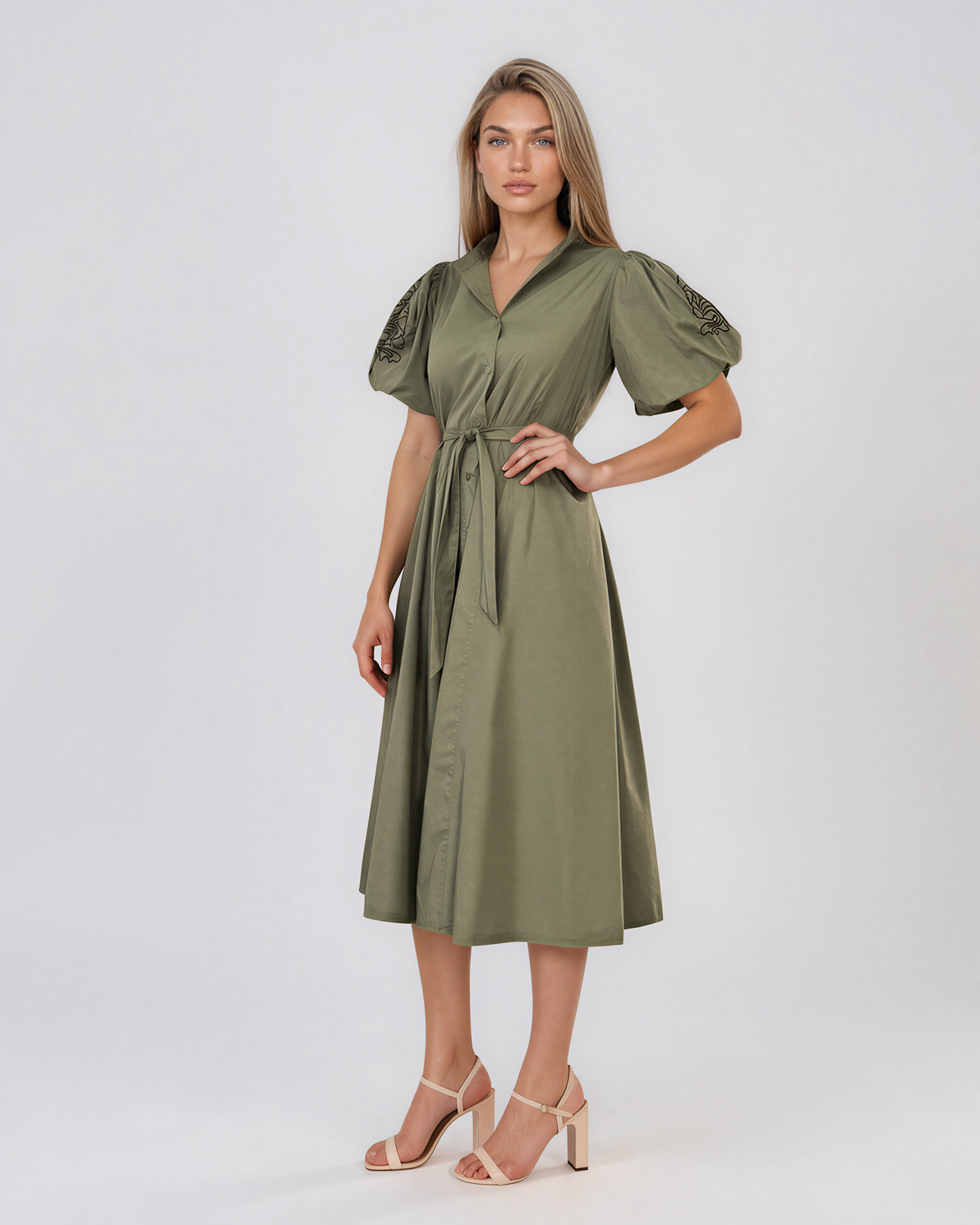 Rochie cloș cu cordon și mâneci bufante kaki HL126