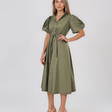 Rochie cloș cu cordon și mâneci bufante kaki HL126