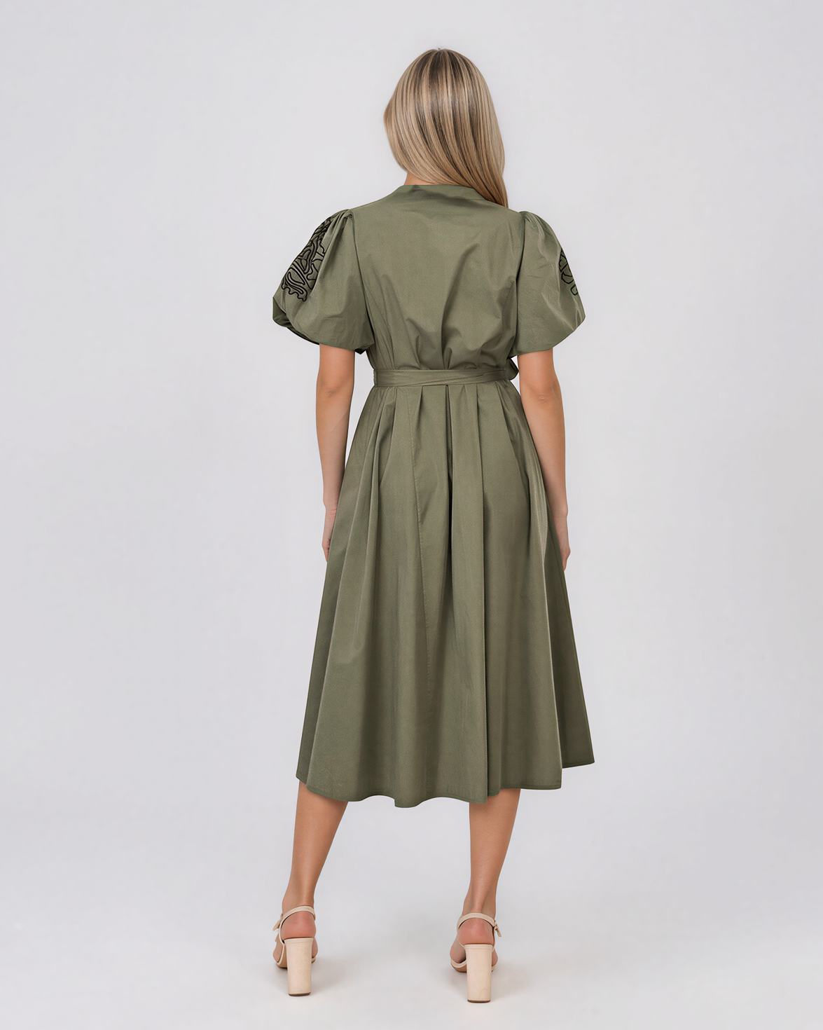 Rochie cloș cu cordon și mâneci bufante kaki HL126