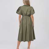 Rochie cloș cu cordon și mâneci bufante kaki HL126