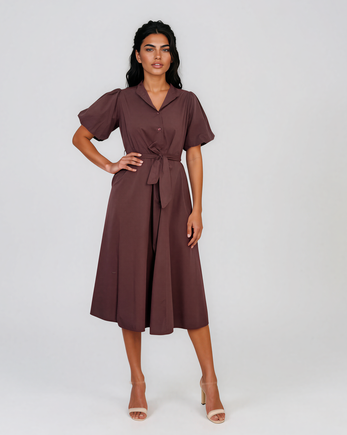 Rochie cloș cu cordon și mâneci bufante maro HL126
