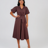 Rochie cloș cu cordon și mâneci bufante maro HL126