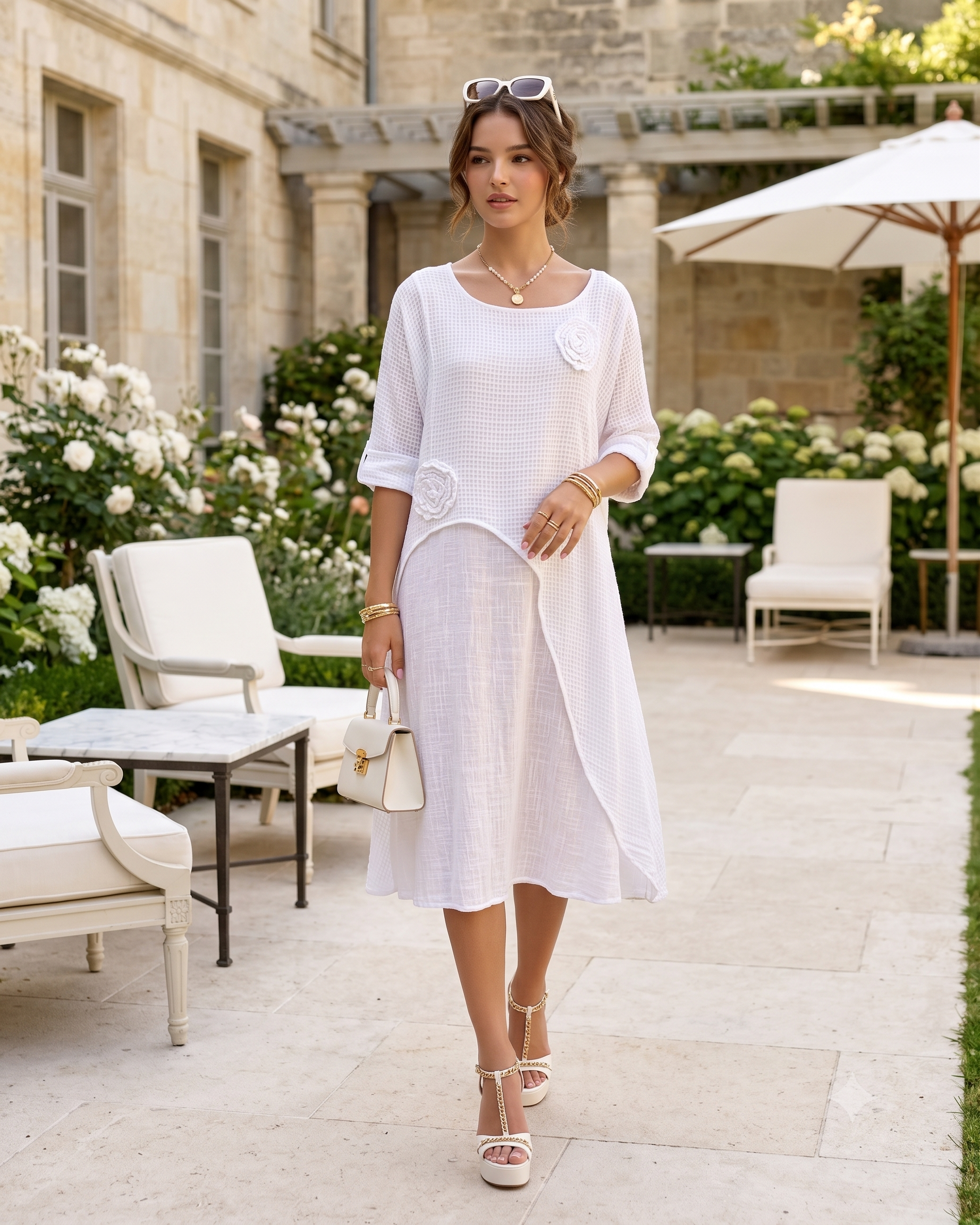 Rochie cu capă și flori aplicate alb PR931