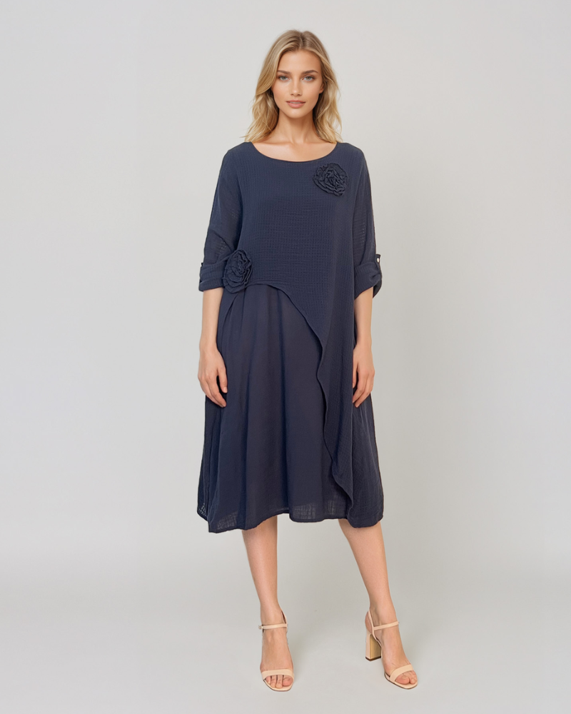 Rochie cu capă și flori aplicate bleumarin PR931