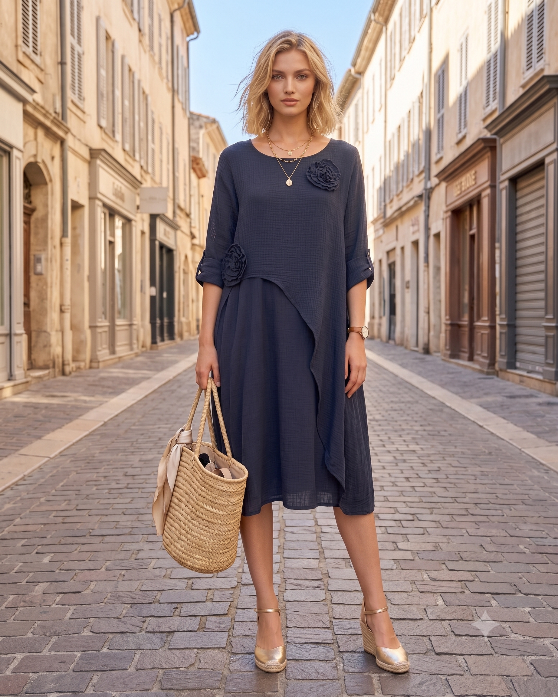 Rochie cu capă și flori aplicate bleumarin PR931