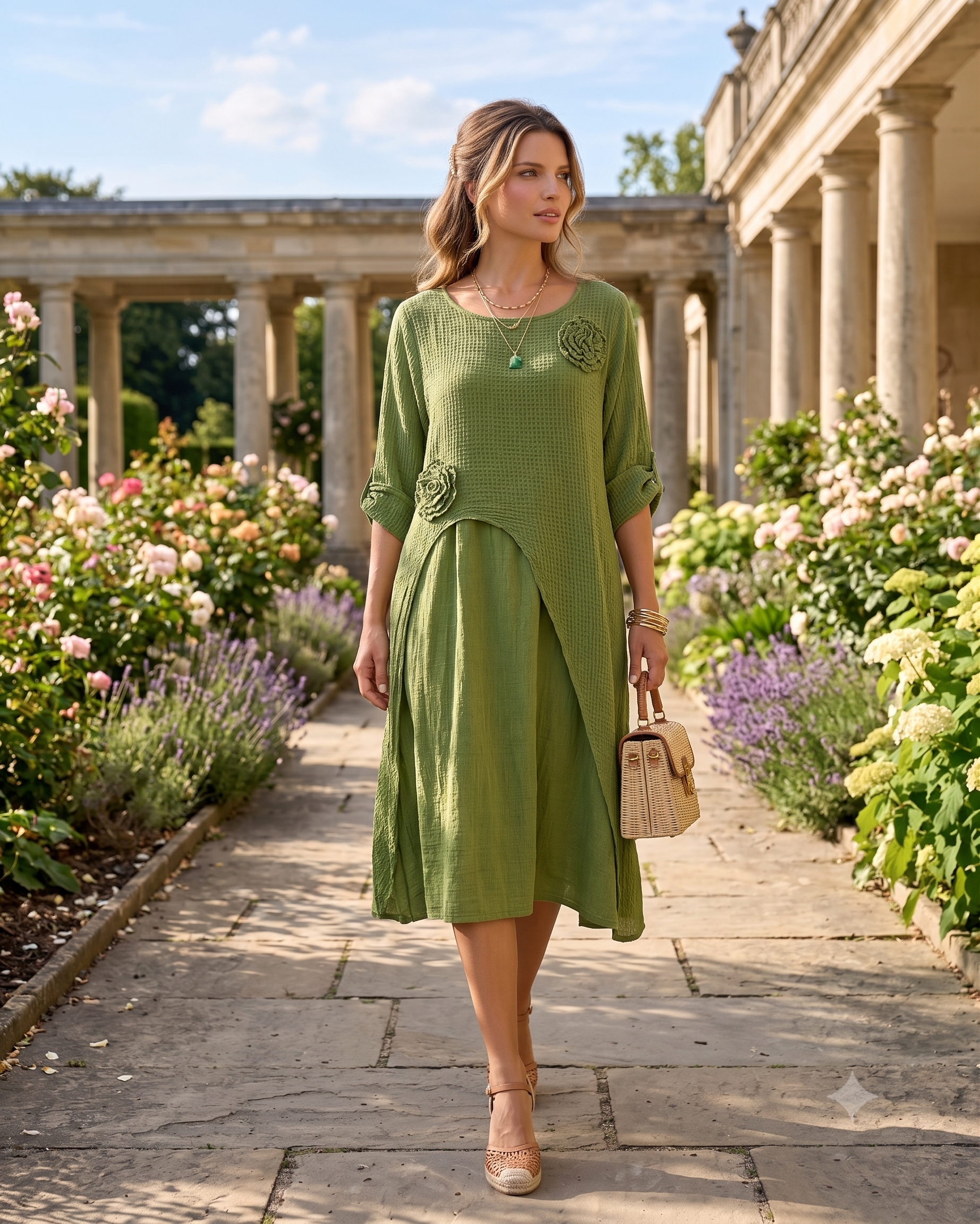Rochie cu capă și flori aplicate verde PR931