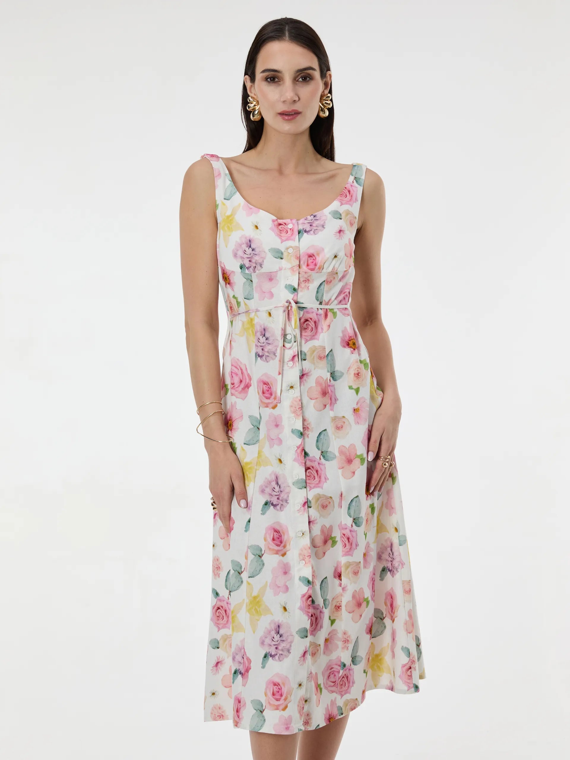 Rochie cu croială tip A din vâscoză cu nasturi și imprimeu floral ORSAY alb-flori ORS019
