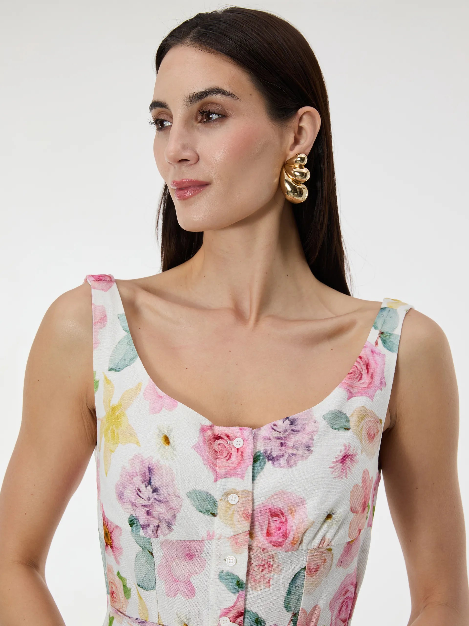 Rochie cu croială tip A din vâscoză cu nasturi și imprimeu floral ORSAY alb-flori ORS019