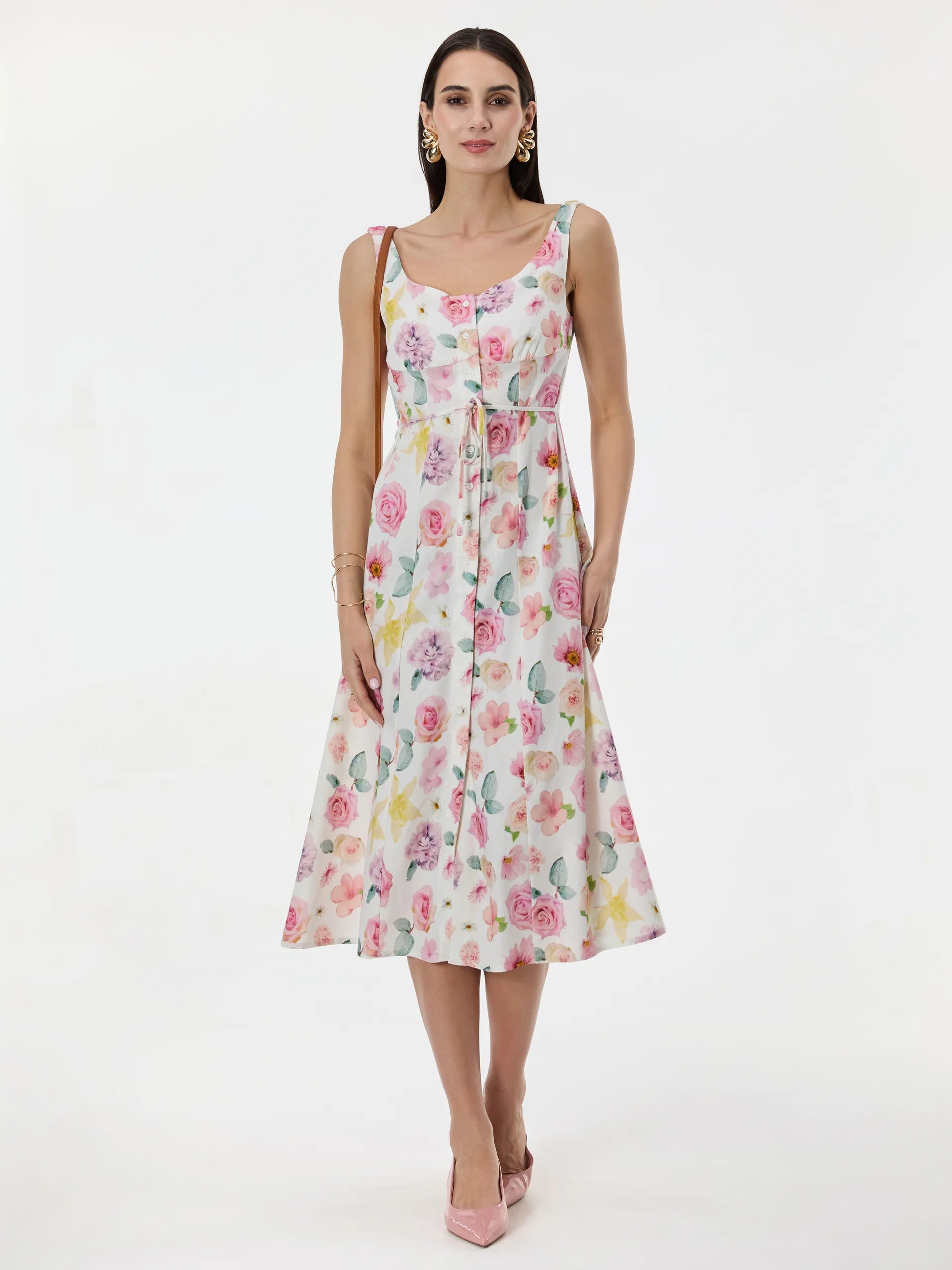 Rochie cu croială tip A din vâscoză cu nasturi și imprimeu floral ORSAY alb-flori ORS019