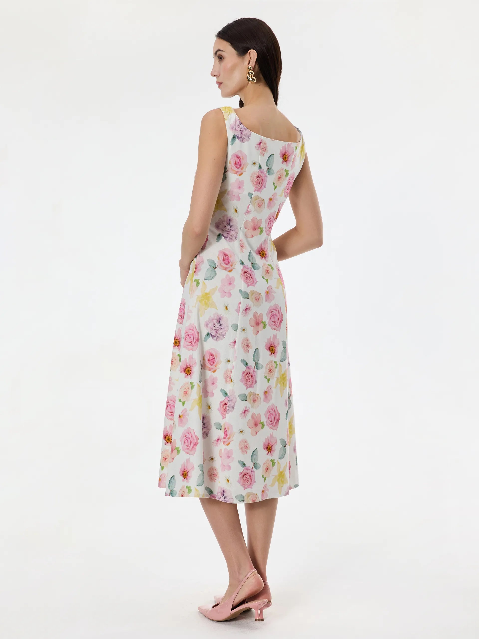 Rochie cu croială tip A din vâscoză cu nasturi și imprimeu floral ORSAY alb-flori ORS019