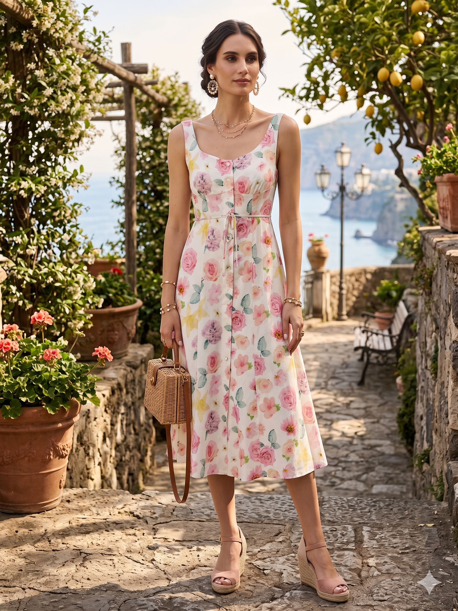 Rochie cu croială tip A din vâscoză cu nasturi și imprimeu floral ORSAY alb-flori ORS019