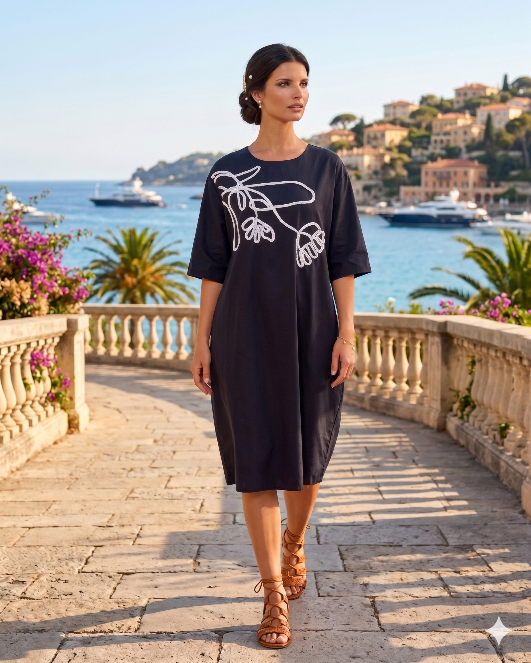 Rochie cu floare brodată în partea de sus negru-alb PR872