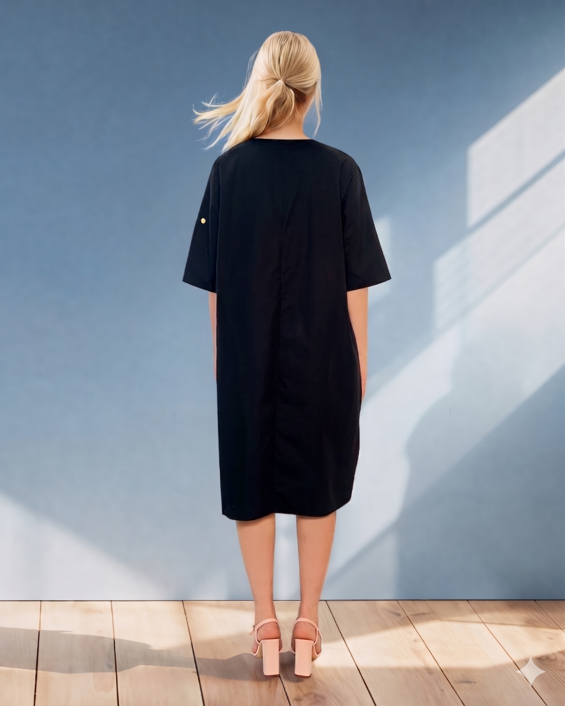Rochie cu floare brodată în partea de sus negru-albastru PR872