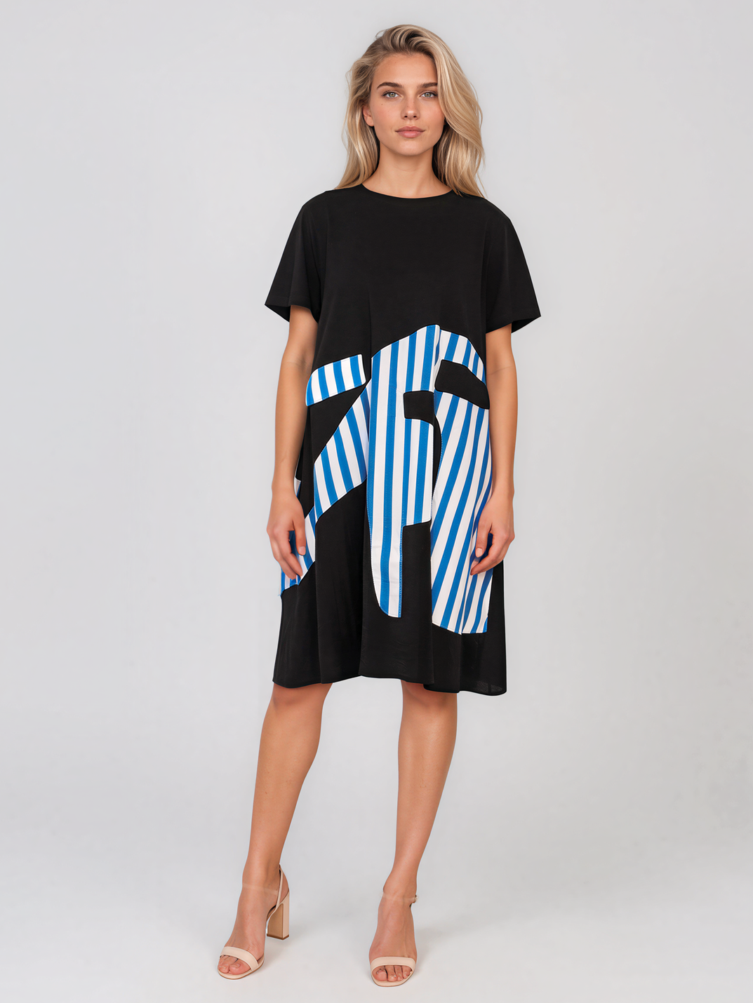 Rochie cu mânecă scurtă și dungi pe poale albastru PR880
