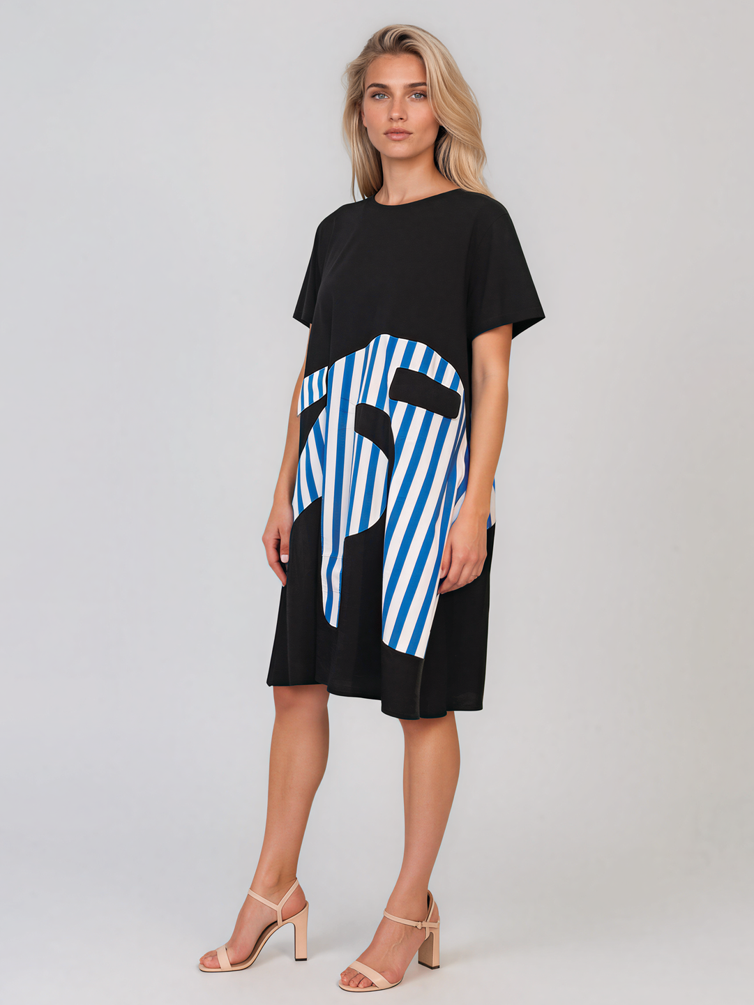 Rochie cu mânecă scurtă și dungi pe poale albastru PR880