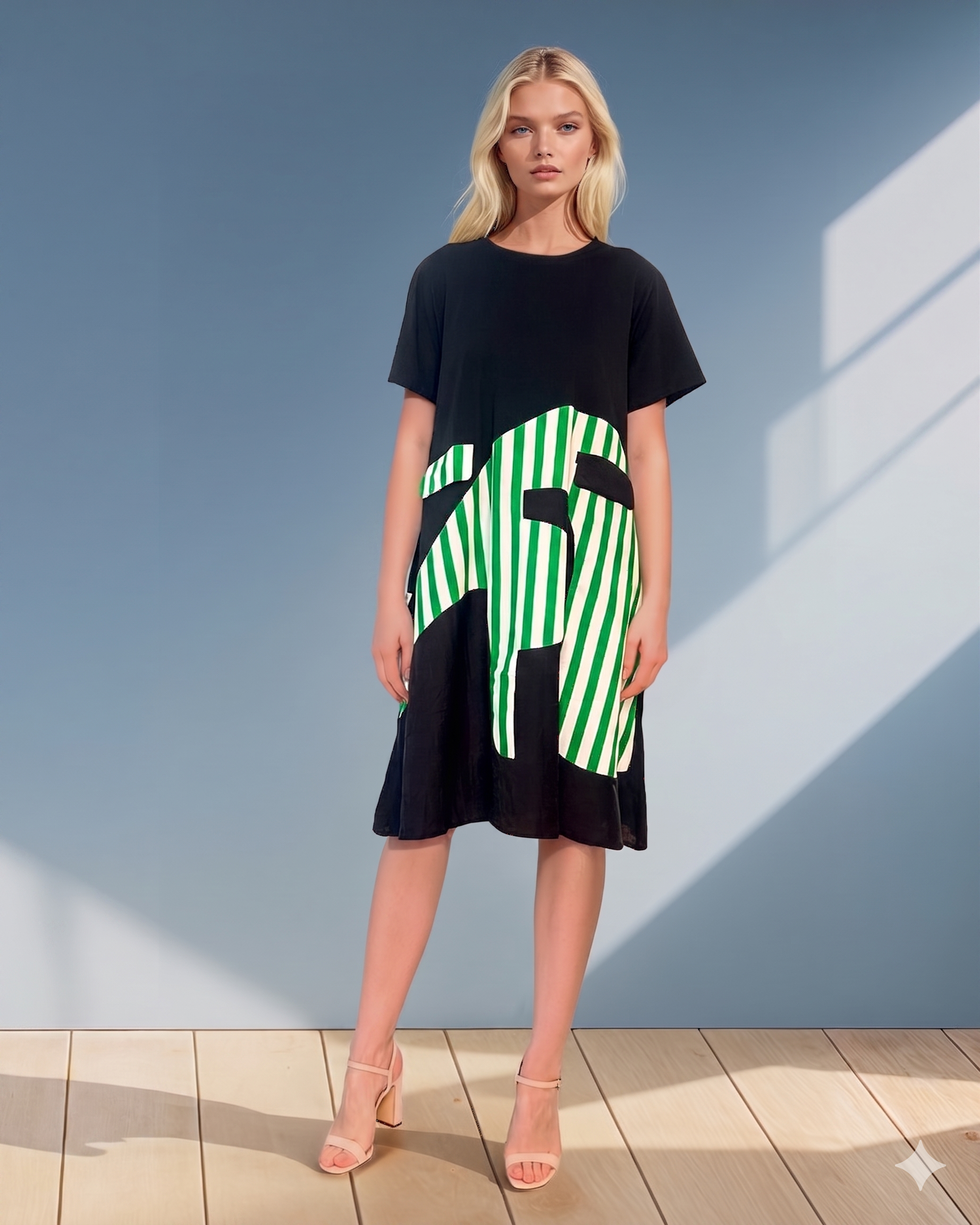 Rochie cu mânecă scurtă și dungi pe poale verde PR880