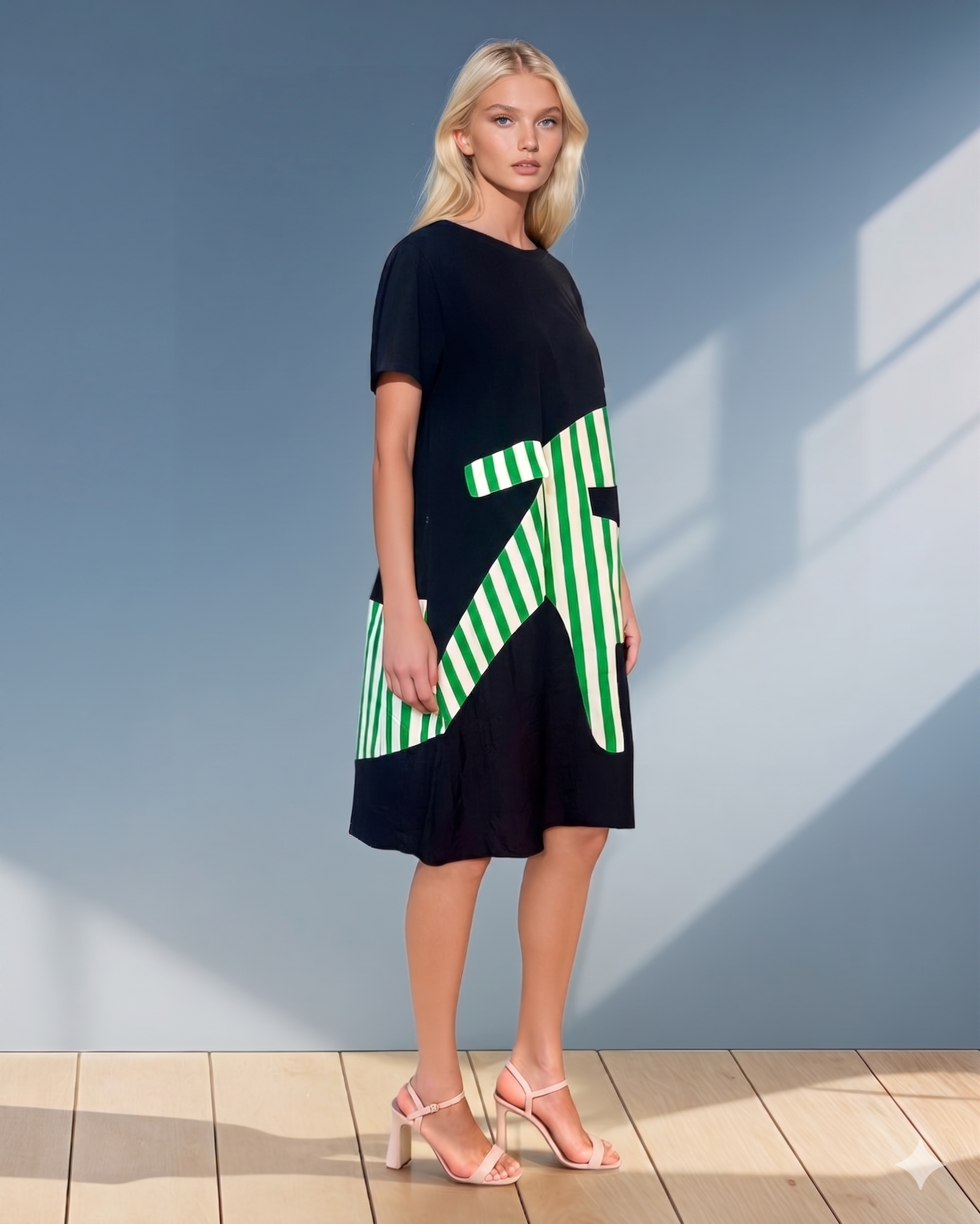 Rochie cu mânecă scurtă și dungi pe poale verde PR880