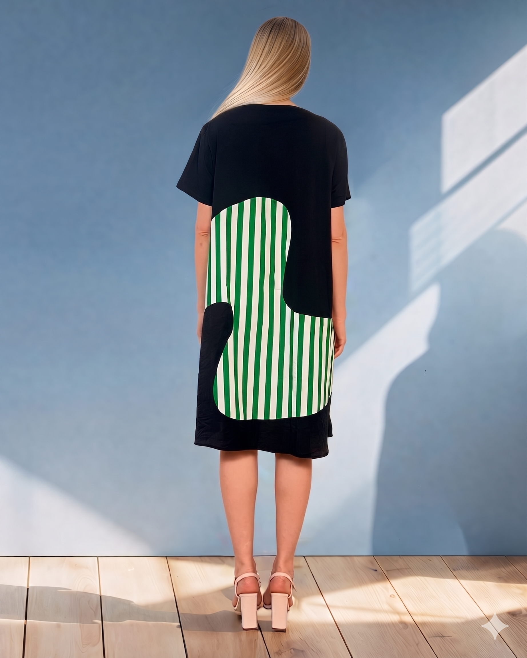 Rochie cu mânecă scurtă și dungi pe poale verde PR880