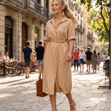 Rochie cu paiete pe buzunare și curea beige PR991