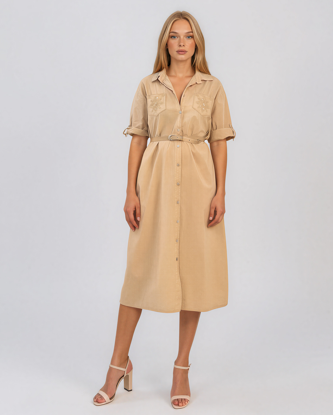 Rochie cu paiete pe buzunare și curea beige PR991