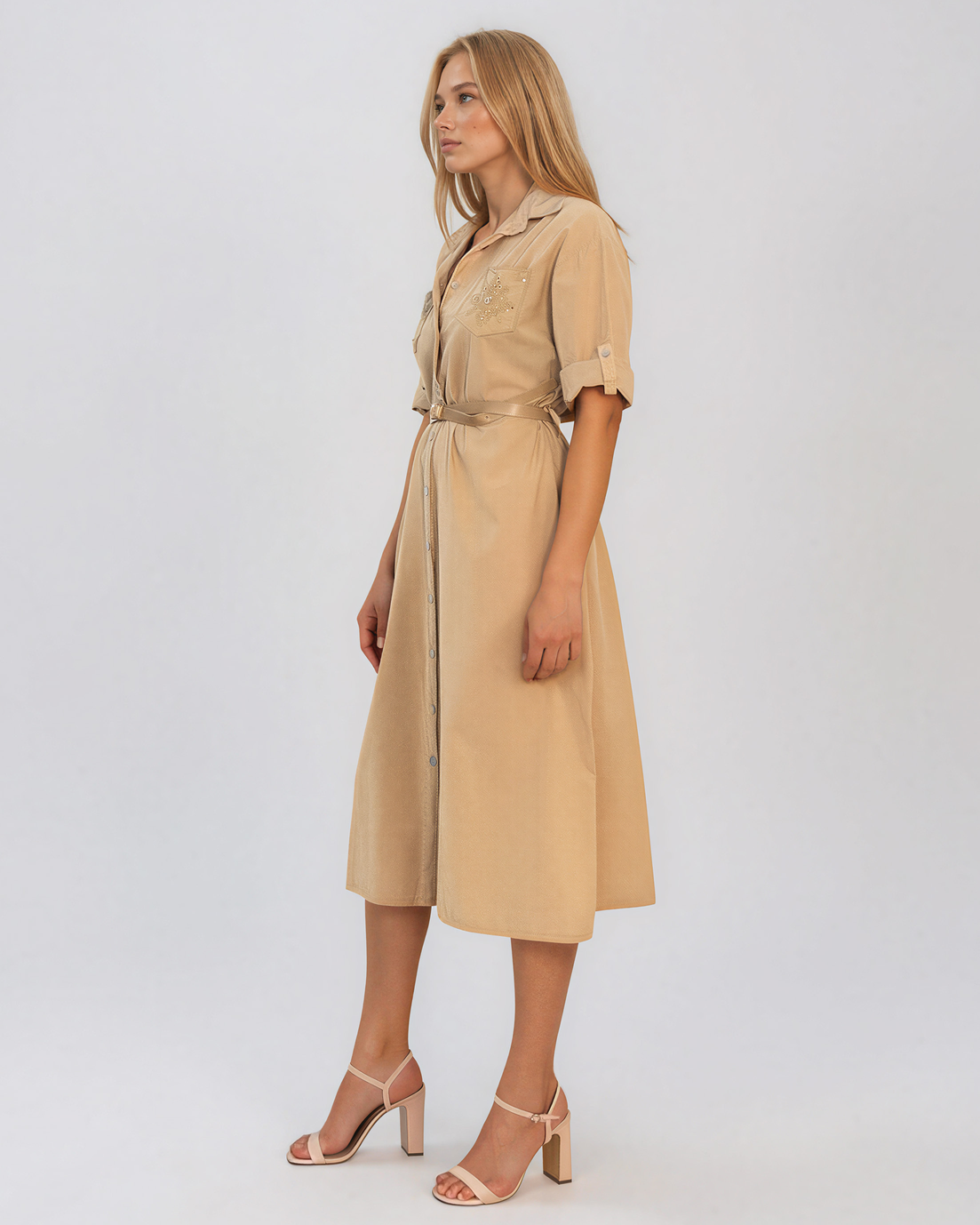 Rochie cu paiete pe buzunare și curea beige PR991
