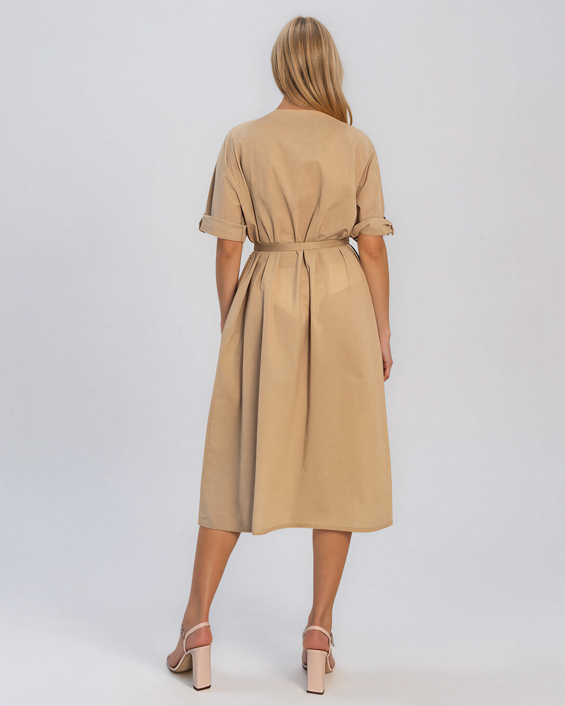 Rochie cu paiete pe buzunare și curea beige PR991