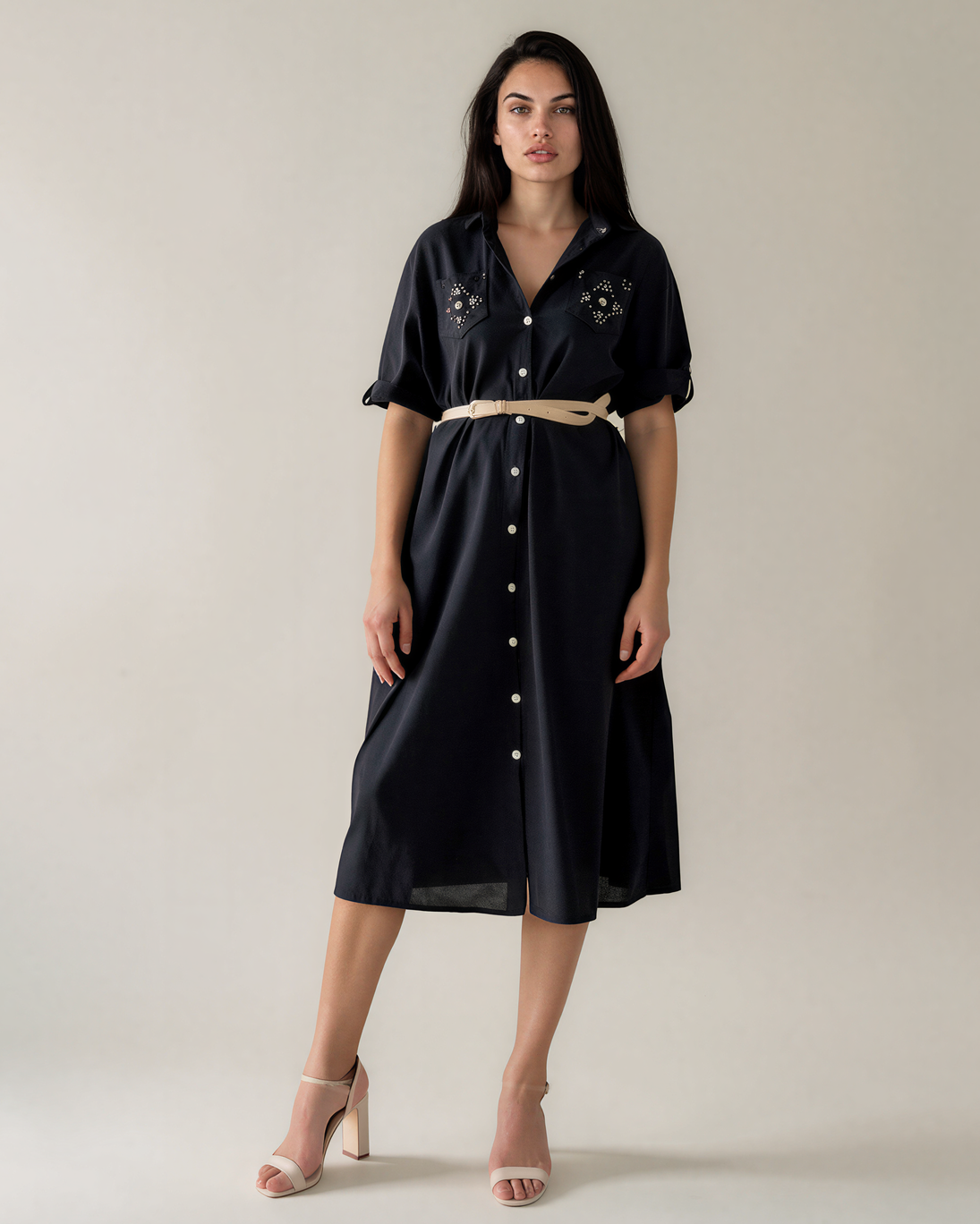 Rochie cu paiete pe buzunare și curea negru PR991