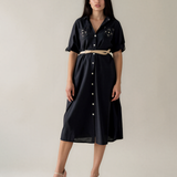 Rochie cu paiete pe buzunare și curea negru PR991