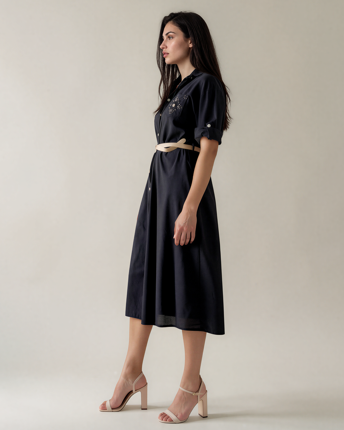 Rochie cu paiete pe buzunare și curea negru PR991