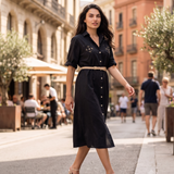 Rochie cu paiete pe buzunare și curea negru PR991