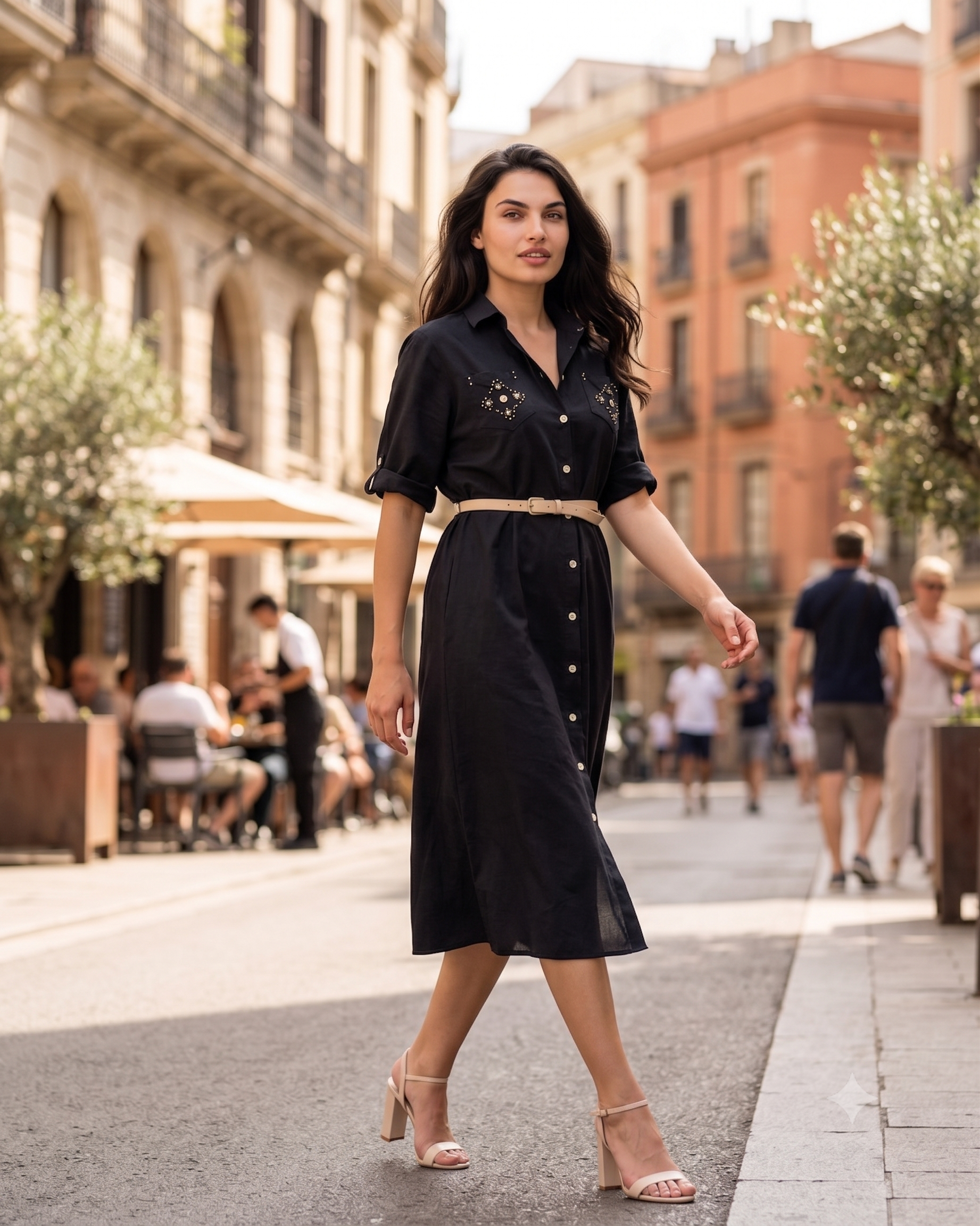 Rochie cu paiete pe buzunare și curea negru PR991