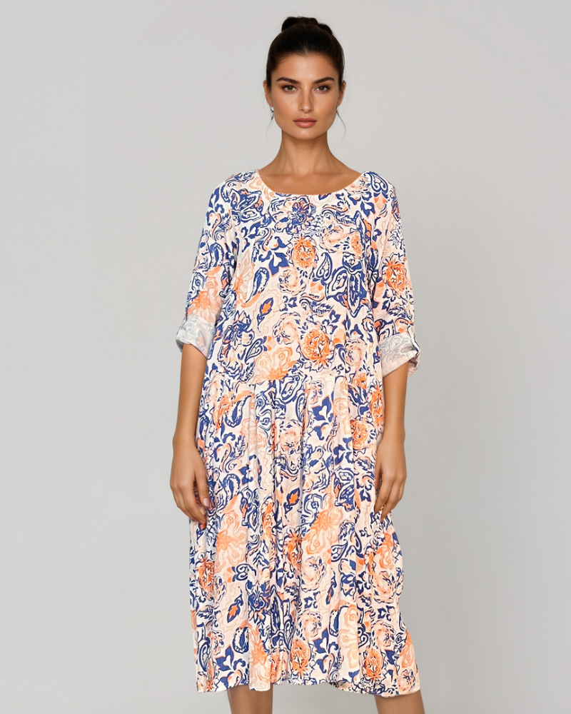 Rochie cu print oriental și buzunare albastru PR908