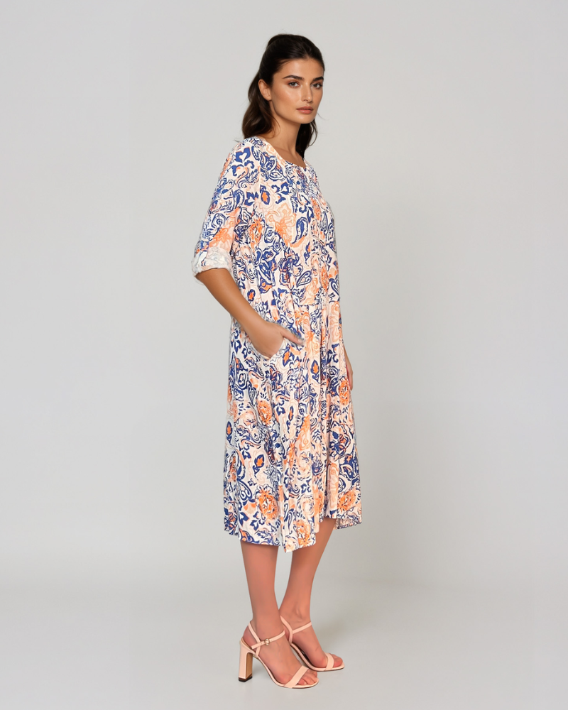 Rochie cu print oriental și buzunare albastru PR908