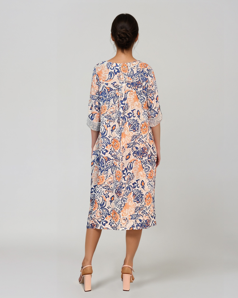 Rochie cu print oriental și buzunare albastru PR908