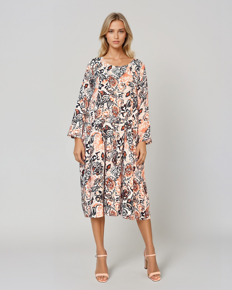 Rochie cu print oriental și buzunare caramiziu PR908