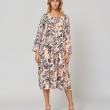 Rochie cu print oriental și buzunare caramiziu PR908