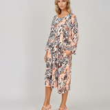 Rochie cu print oriental și buzunare caramiziu PR908