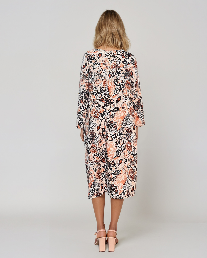 Rochie cu print oriental și buzunare caramiziu PR908