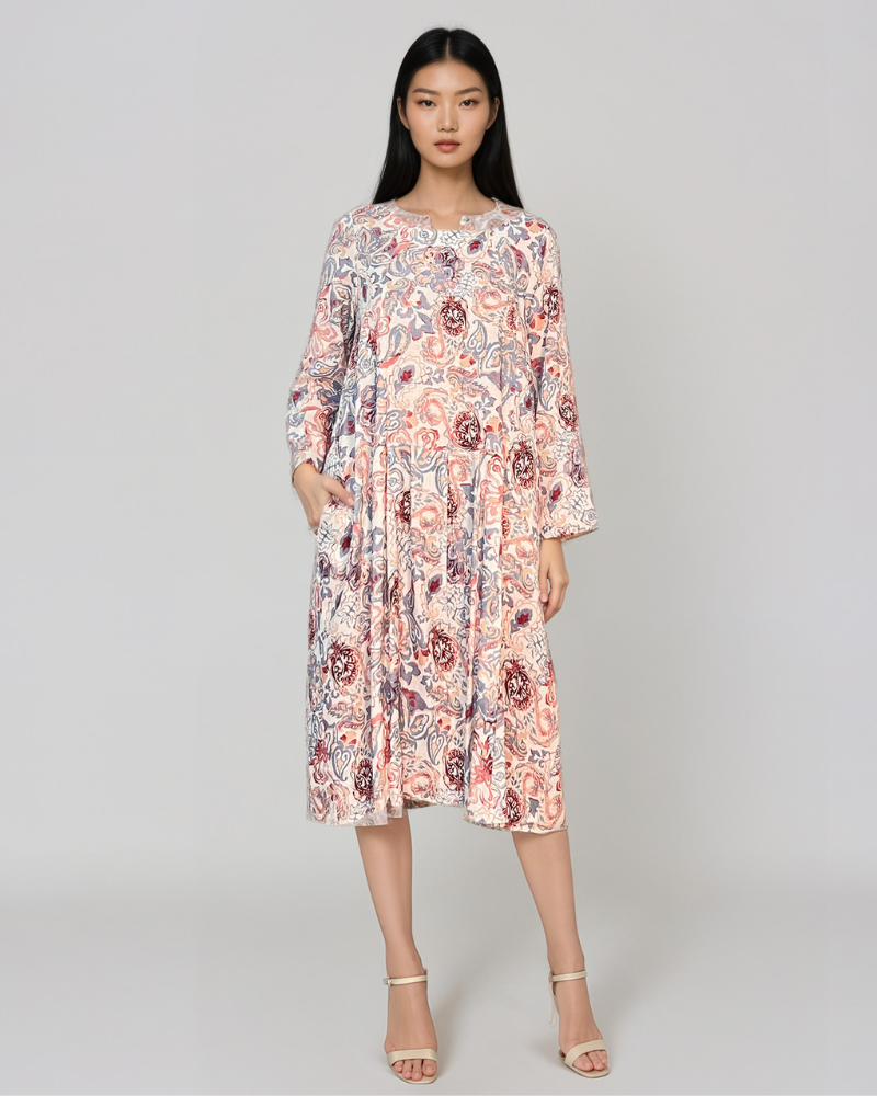 Rochie cu print oriental și buzunare gri PR908