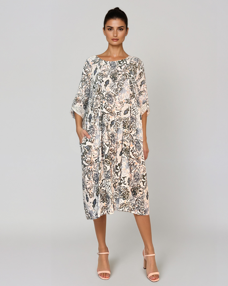 Rochie cu print oriental și buzunare kaki PR908