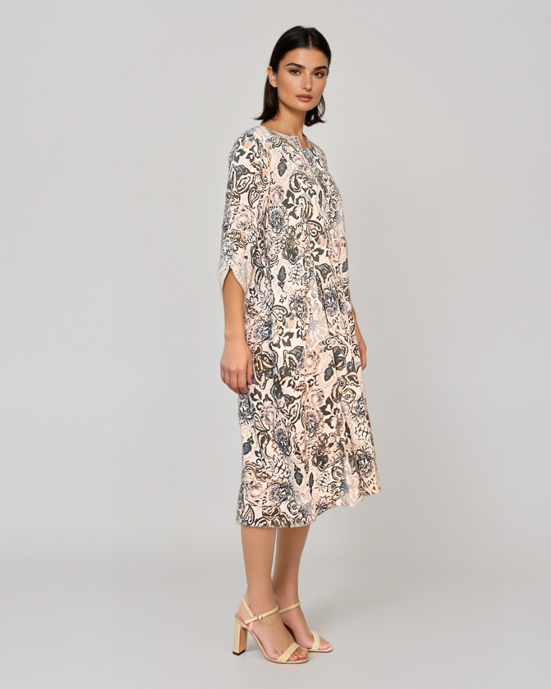 Rochie cu print oriental și buzunare kaki PR908