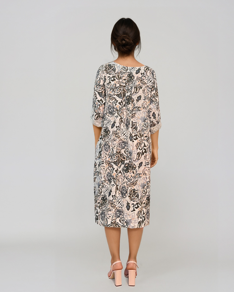 Rochie cu print oriental și buzunare kaki PR908