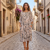 Rochie cu print oriental și buzunare kaki PR908