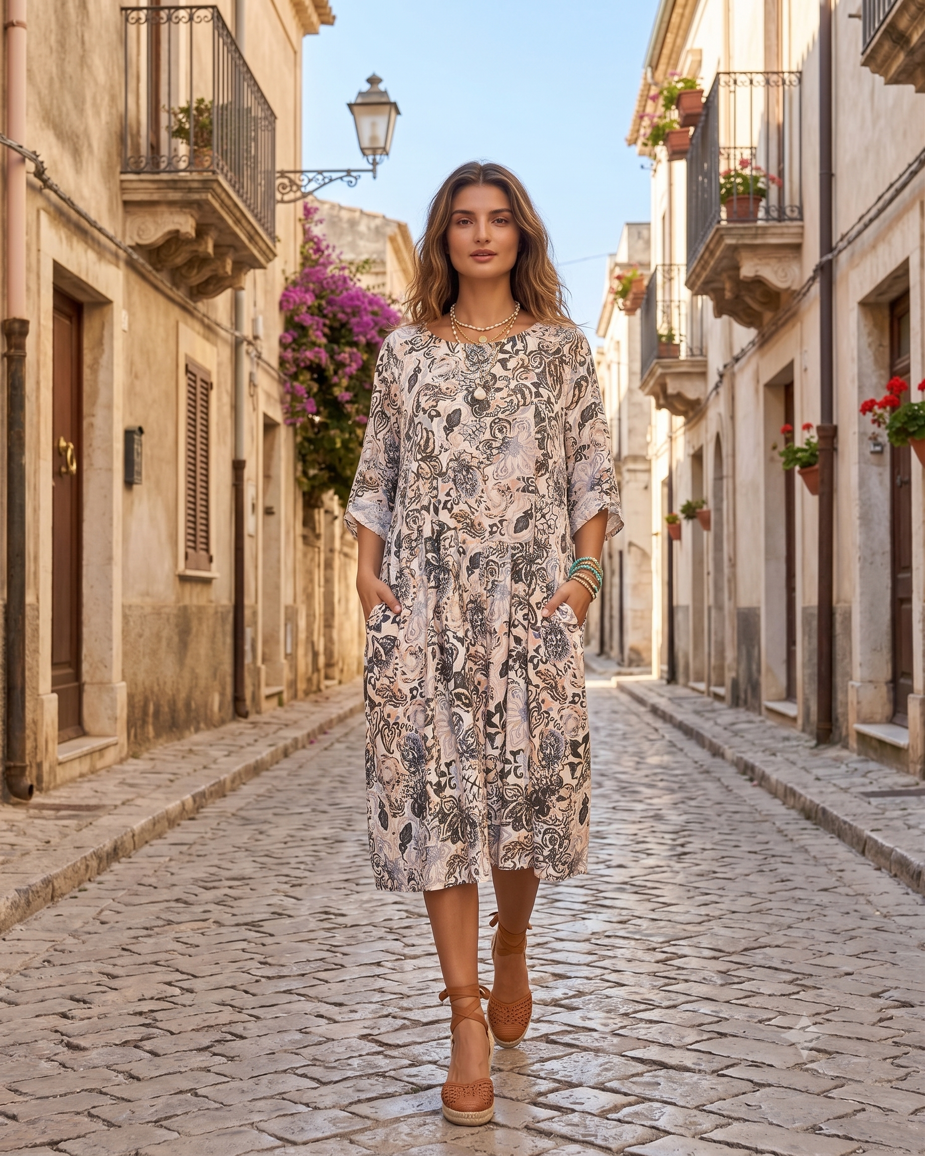 Rochie cu print oriental și buzunare kaki PR908
