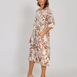 Rochie cu print oriental și buzunare maro PR908