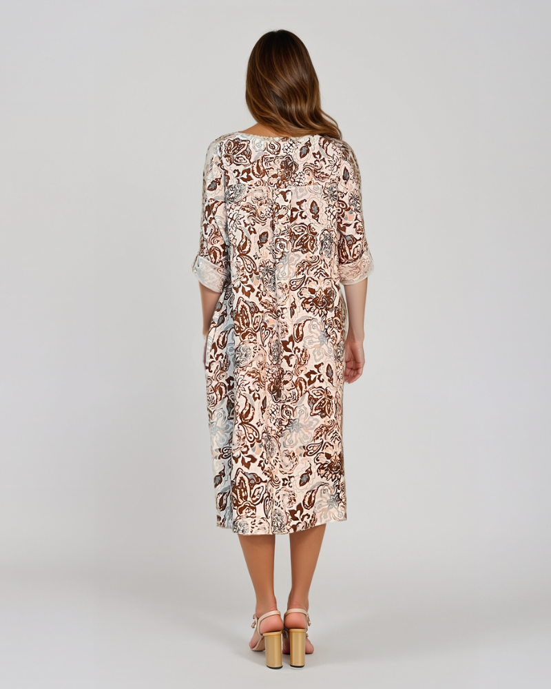 Rochie cu print oriental și buzunare maro PR908