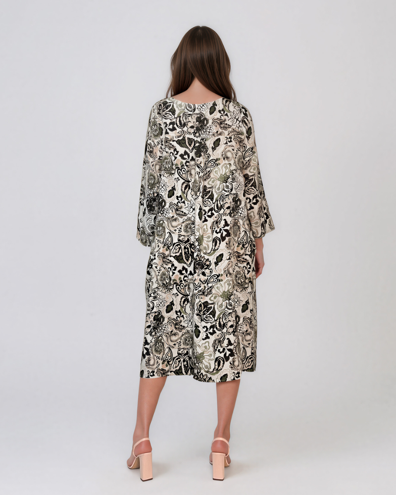Rochie cu print oriental și buzunare negru PR908
