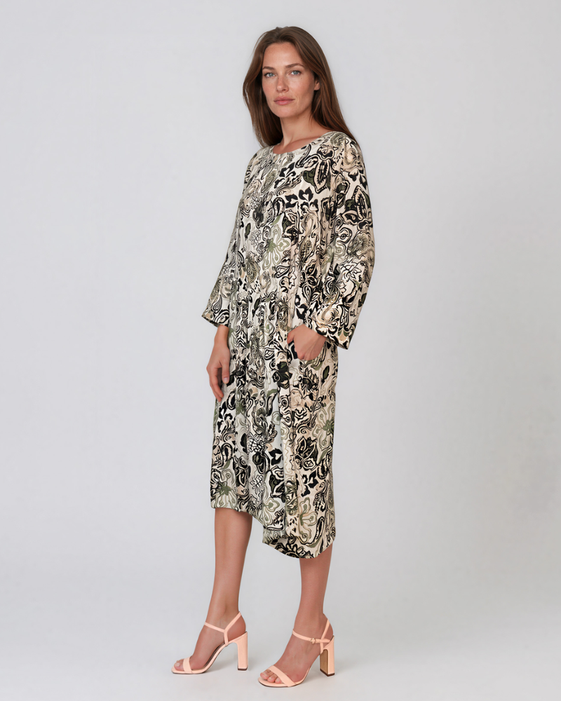 Rochie cu print oriental și buzunare negru PR908